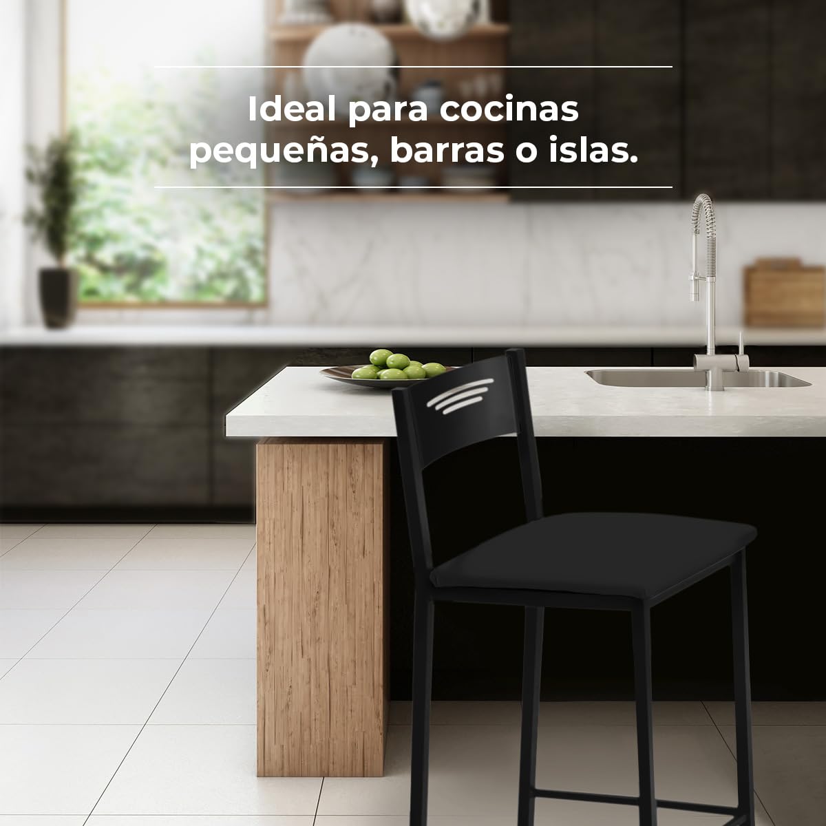 ASTIMESA - Taburetes de Cocina Altos Tapizados con Respaldo - Estructura Negra y Asiento en Polipiel - Color del Asiento: Negro. Contenido: 1 Unidad - Medidas: 90 cm (Alto Total)