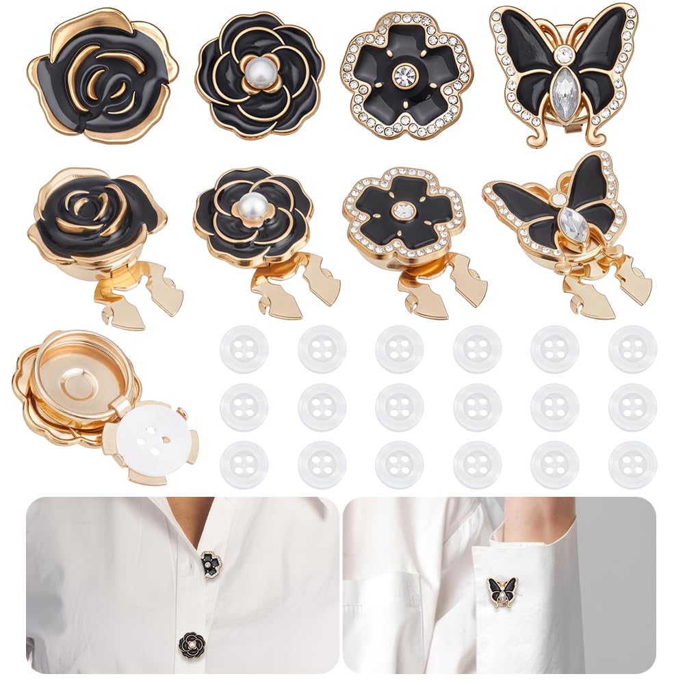 NBEADS 8 cubiertas de botones para mujer, con 20 botones de costura de 11 mm, gemelos de flor de camelia de mariposa, botones decorativos para blusas, camisas, adornos de ropa, color negro