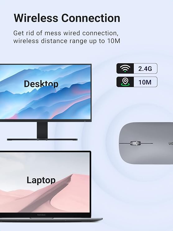 UGREEN Kablosuz Fare, 2,4 Ghz Usb Bağlantısı, Maks. 4000 Dpi, 18 Ay Pil Ömrü. Pc, Mac, Dizüstü Bilgisayar, Windows 11, 10, 8.1, 7, Macos, Linux Ile Uyumlu (Gri)