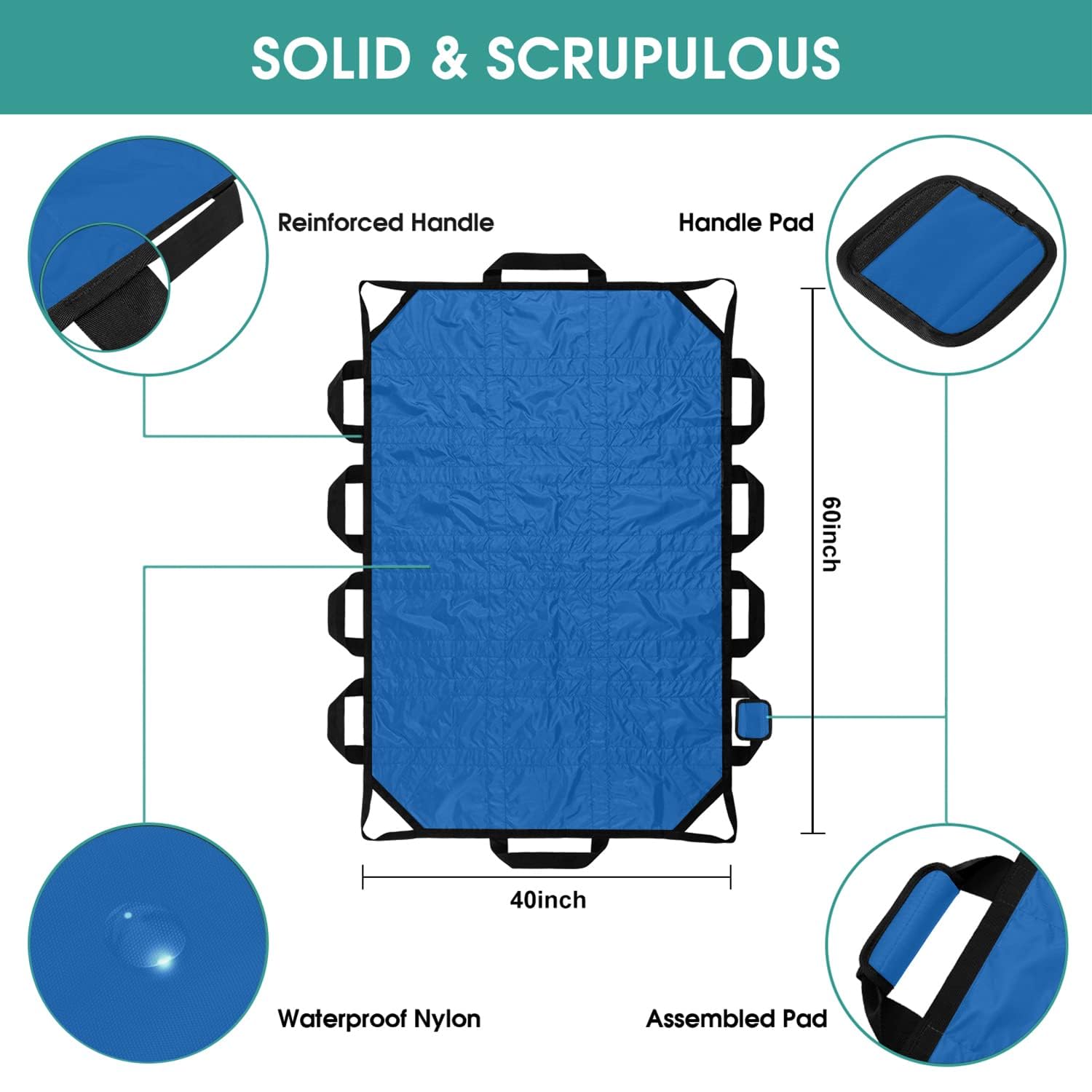 Almohadilla de posicionamiento de cama con mango reforzado, 60 x 40 pulgadas, hoja de transferencia impermeable multiusos para girar, levantar y deslizar, reutilizable, lavable, hoja de