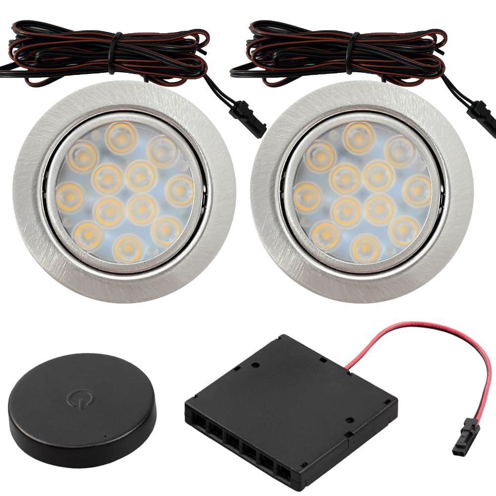 2er Bundle LED Spots, ultra-flach, 12V, 3W, Warmweiß (3200K), dimmbar per Funk-Dimmer, inkl. LED-Trafo, Kabel, Verteiler, Bohrloch Ø 55-60mm, Einbautiefe 14mm, Edelstahl gebürstet, Effizient&Stylisch