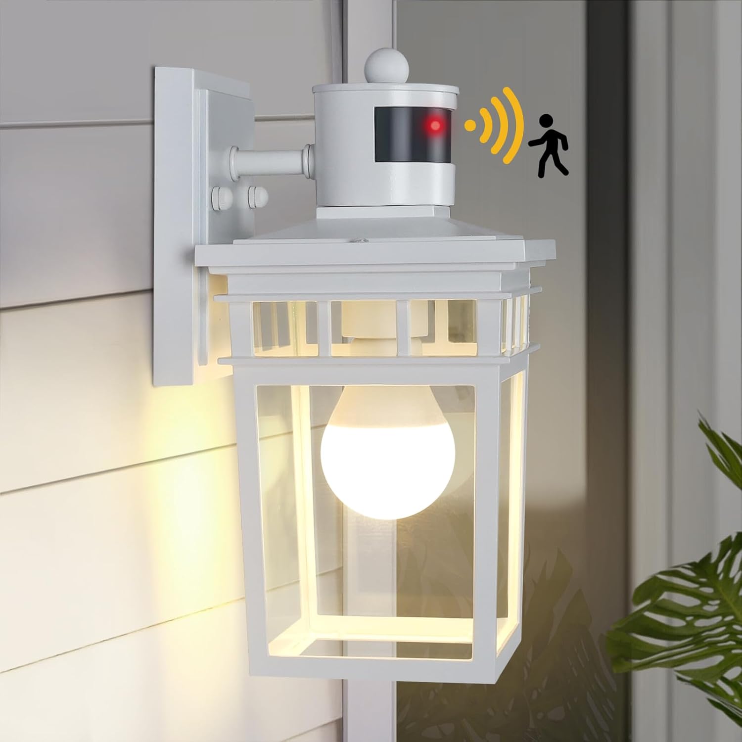Motion Sensor Outdoor Wall Light, White Dusk to Dawn Outdoor Lighting Motion Activated Porch