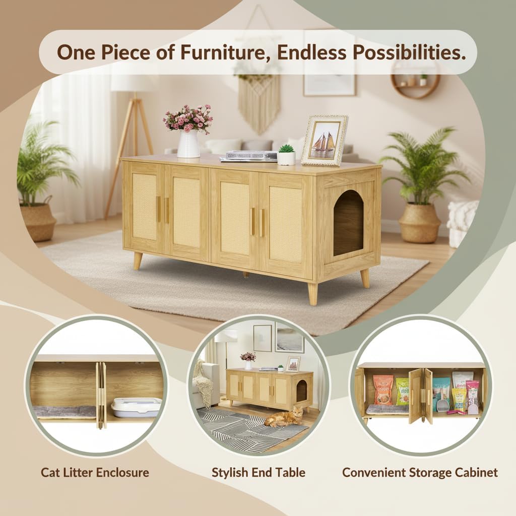 Homhedy Boho Cat Litter Box Enclosure for 2 Cats, Wooden Cat Washroom Furniture with Double Rattan Decorated Doors, Pet House,47.2”L x 19.7”W x 21.7”H, Natural