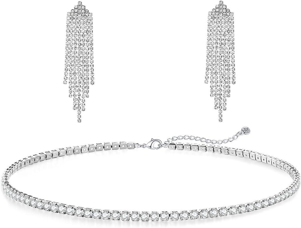 Tennis Necklace Bracelet for Women, Sterling Sliver, Dainty Chocker Necklace, Crystal Bracelet for Women, Wedding Jewelry for Bride, Sparkly Party Prom Hypoallergenic - Image 9