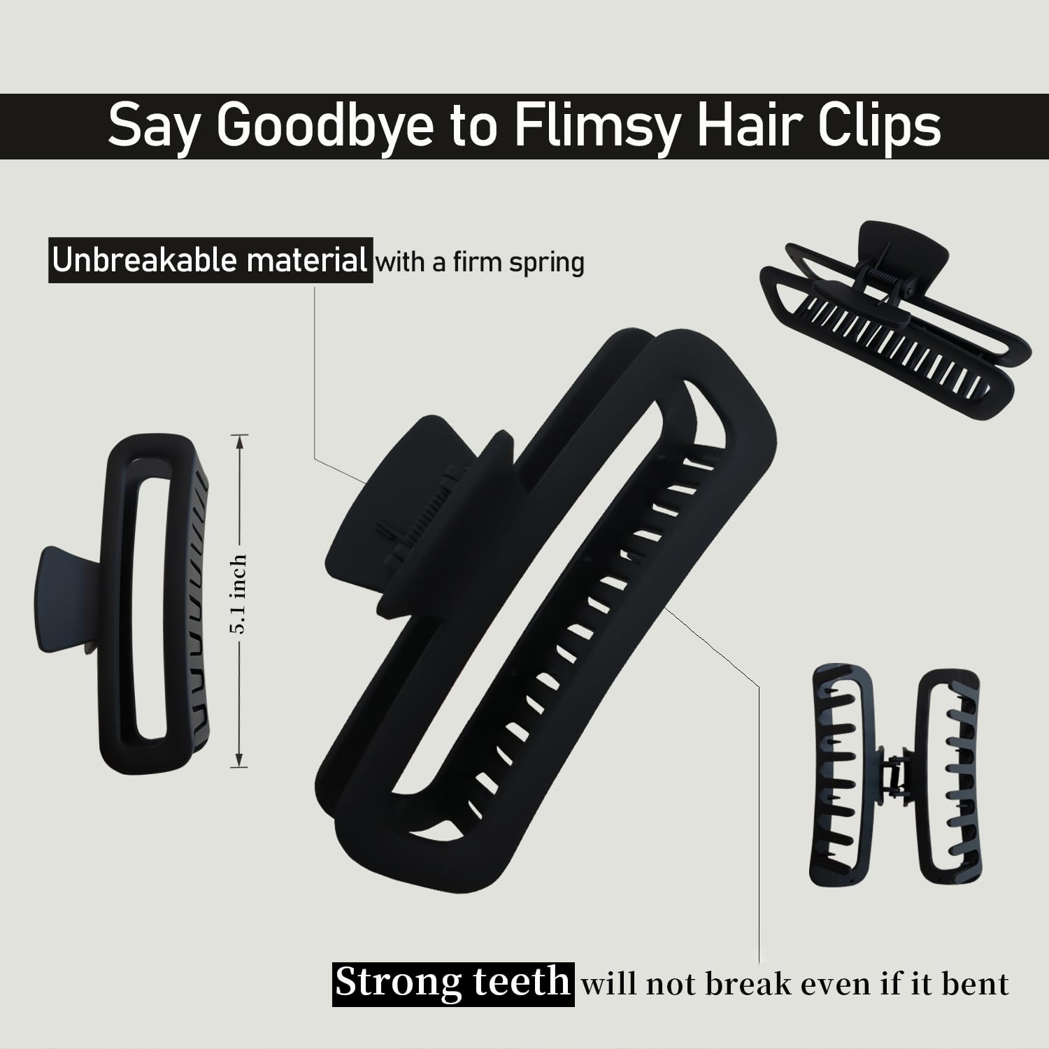 BAKEFY - 2 Pcs Hair Claw Clips 5 Inch Unbreakable Xl Large Square