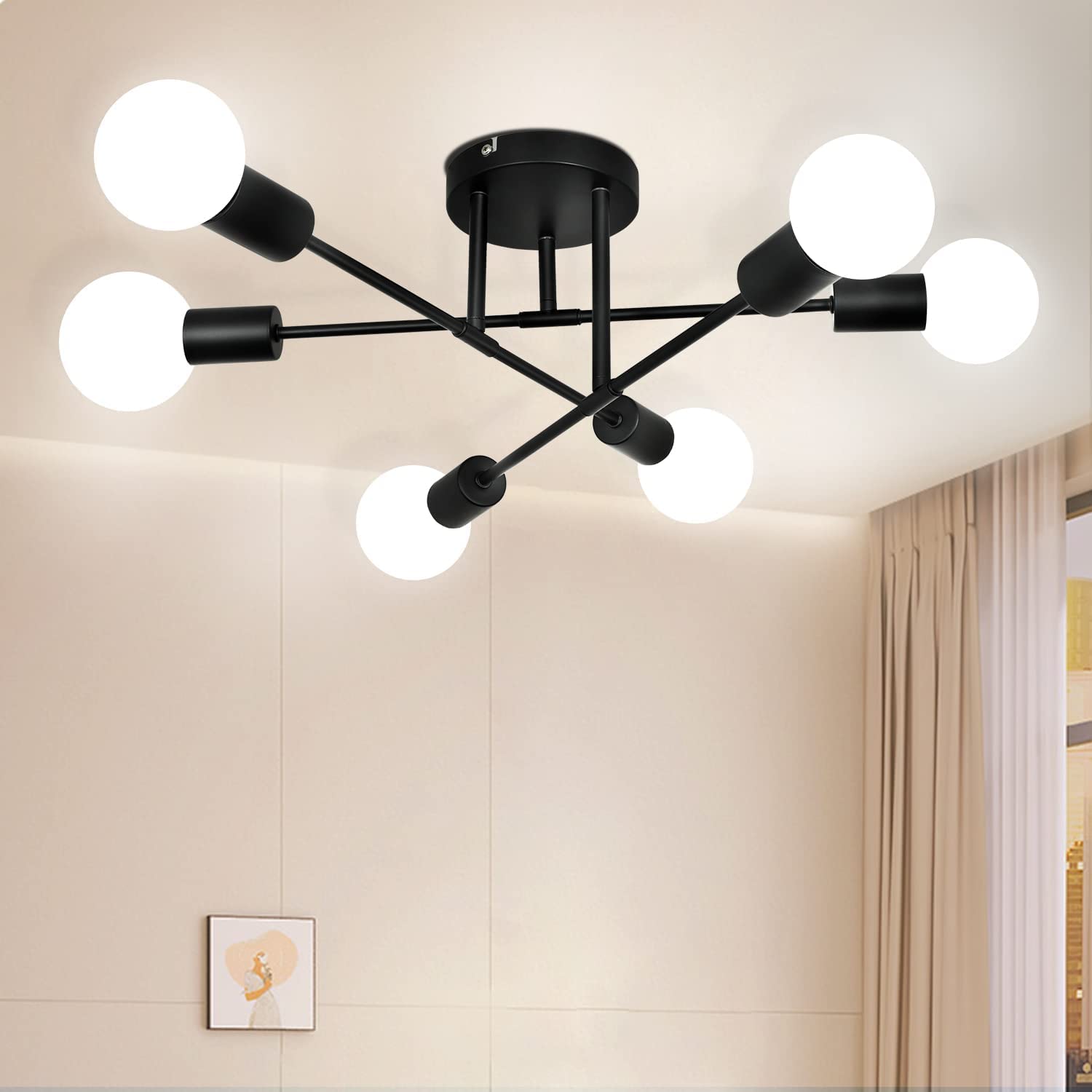 Semi Flush Mount Ceiling Light,6-Light E27 Base Industrial Chandelier Modern Sputnik Chandelier for Bedroom Farmhouse Living Room Kitchen Cafe - Black