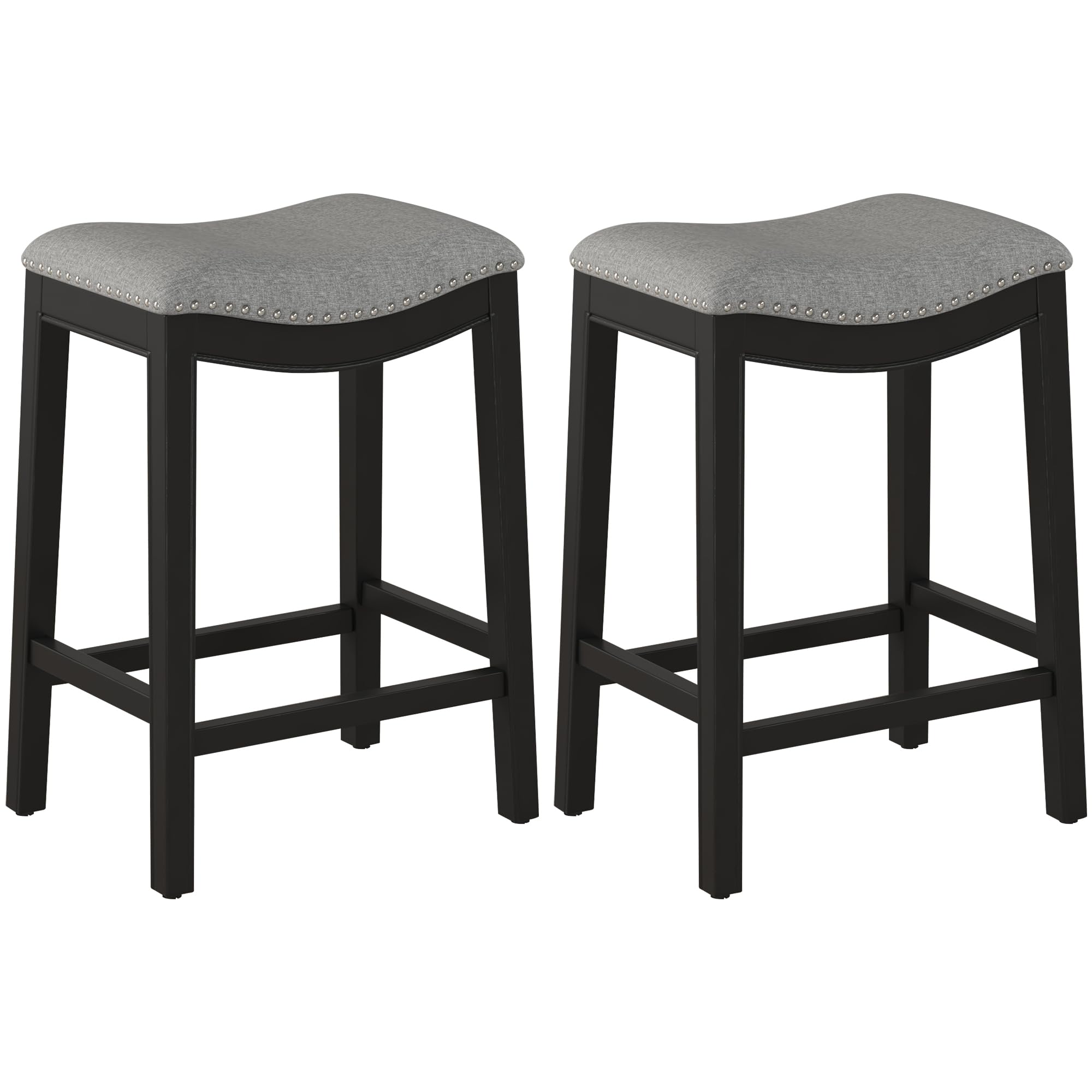 GOOLON Bar Stools Set of 2, Counter Height Stools Saddle Seat, 27” Vintage Linen Fabric Chairs with Wood Legs and Nailhead Upholstered Seat for