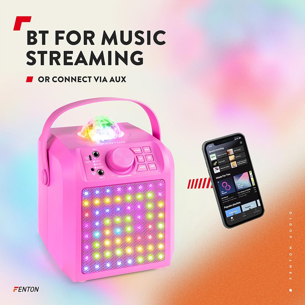 Fenton KAR55P – Musikbox Kinder Karaoke Anlage mit 2 Mikrofonen, Jelly Ball LED-Discolicht, Bluetooth, 10 Std. Akku, 50 Watt Leistung, AUX-Anschluss, Portable Karaoke Maschine Kinder in Pink