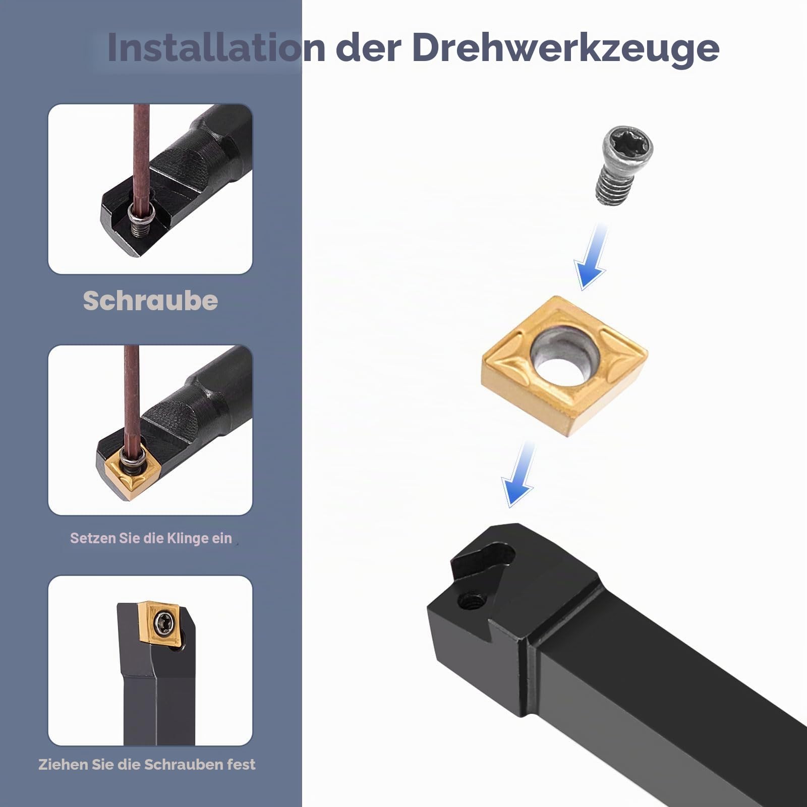 8x8mm Drehmeißel Set mit 21 Wendeplatten | 7 Schaft-Bohrstangenhalter Drehwerkzeughalter, 7 Schraubenschlüssel, Präzise Metallbearbeitung & Hohe Stabilität