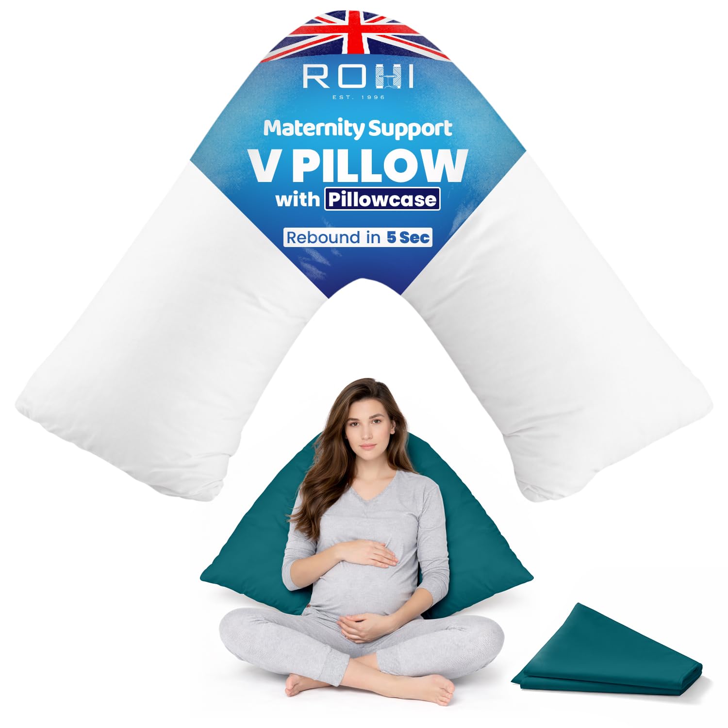 Rohi Teal Orthopaedic V Pillow With Pillowcase – Anti Allergy Triangle Pillows For Adults, Nursing, Maternity & Pregnancy – Extra Hollowfibre Cushioning To Supports Neck, Head & Back (Teal)