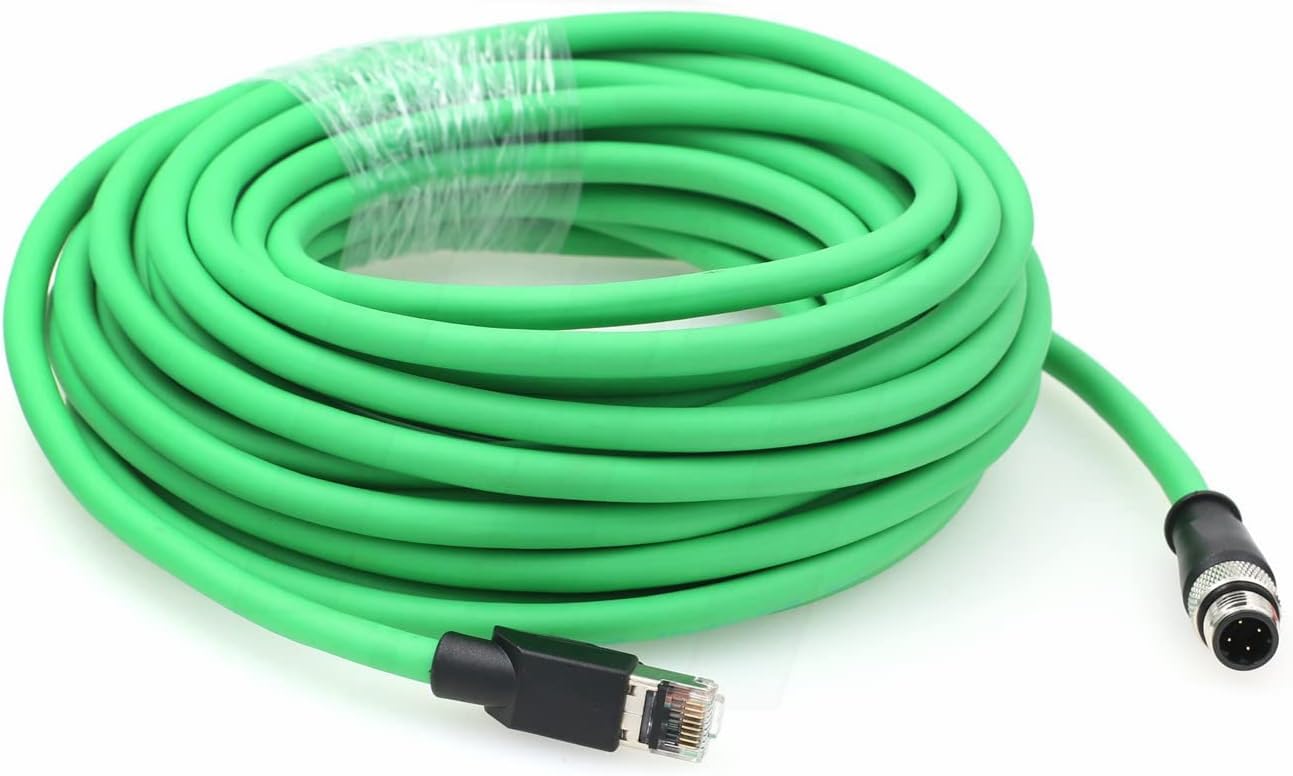 Cable Ethernet M12 de 4 pines a RJ45, 20 m, PoE para transmisión de datos y alimentación, conector M12 D-coded, apantallado, uso industrial
