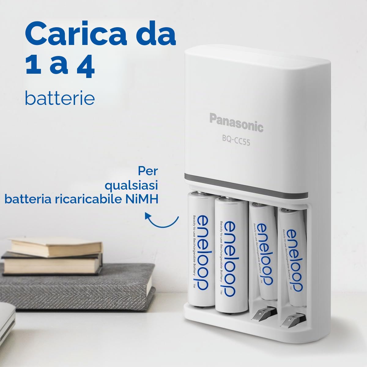 Panasonic eneloop Caricabatterie SmartPlus per 1-4 batterie AA/AAA Ni-MH, con 4 indicatori LED e 10 funzioni di sicurezza, tra cui 4 batterie eneloop AA/Mignon, capacità migliorata di min. 2000