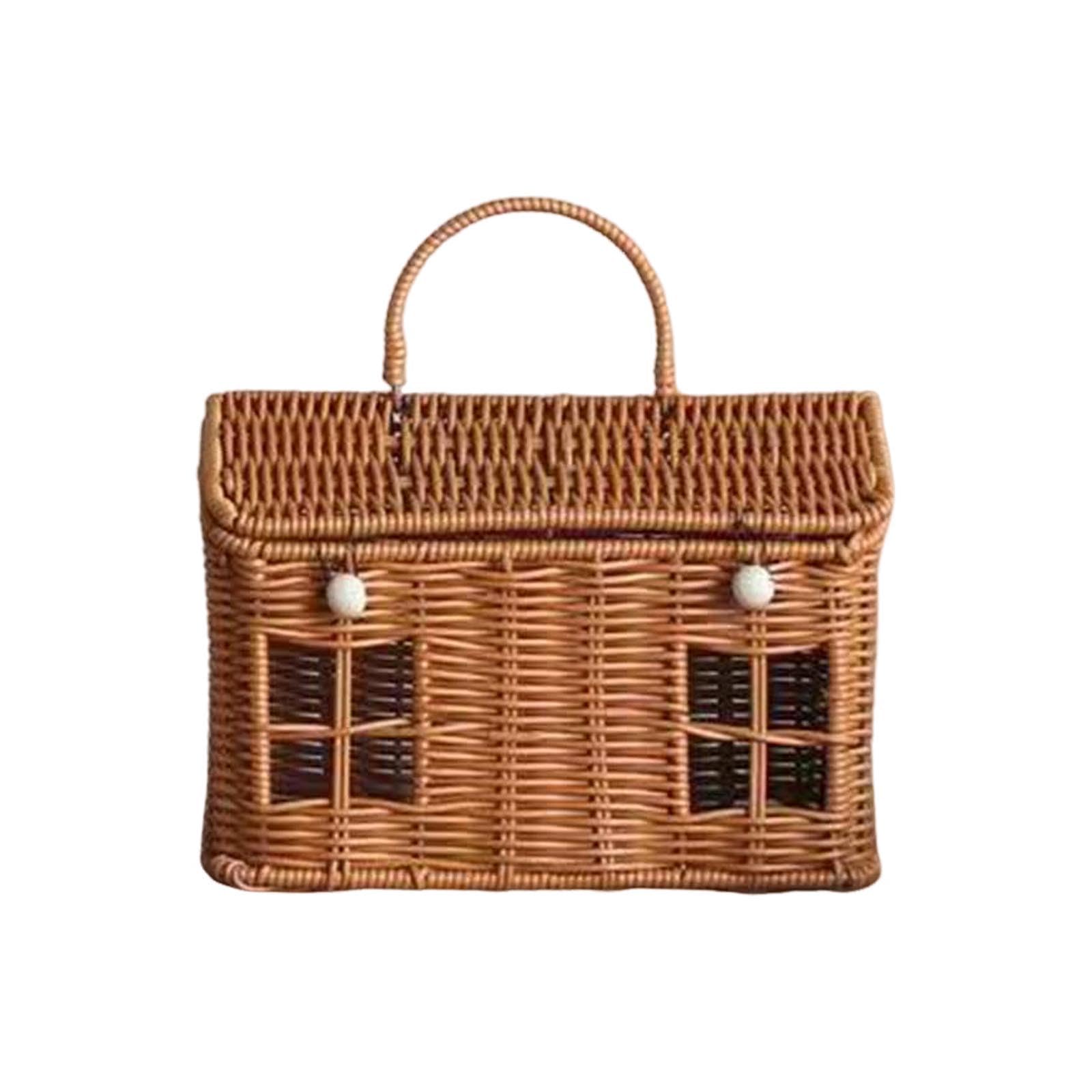 House Shaped Wicker Harvest Basket - 8x5x10 Inch Picnic Basket With Lid & Handle For Garden & Storage