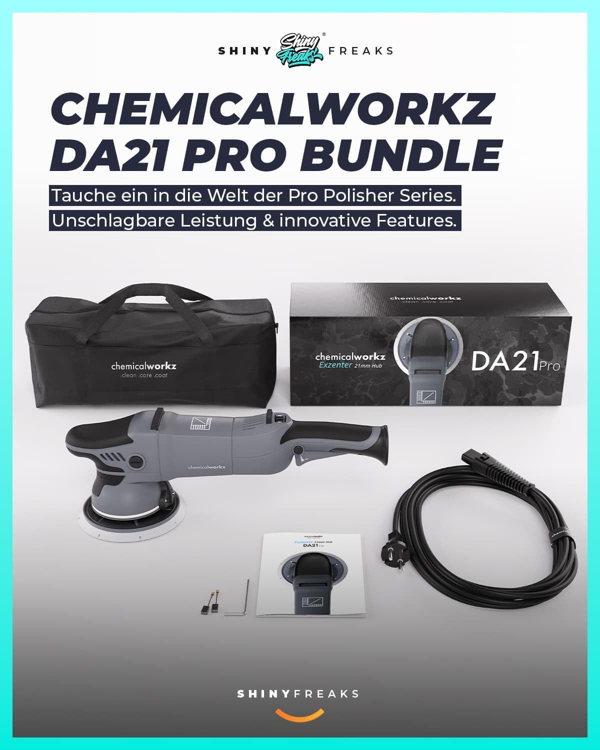 Poliermaschinen Set: chemicalworkz DA21 Pro Exzenter Poliermaschine + Koch Chemie Politur Set + Royal Pads Premium Polierpads + Dr. Wack Versiegelung für Lack + Zubehör | 20-teilig