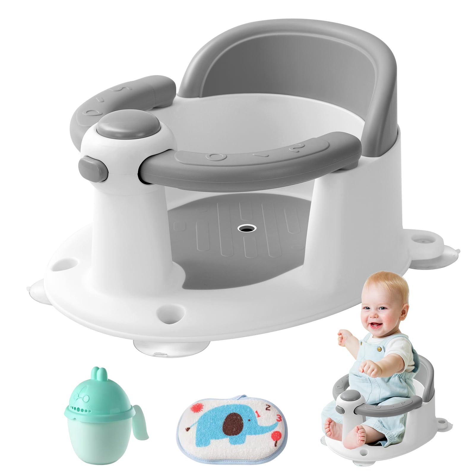 Asiento de bañera para bebé a partir de 6 meses, antideslizante, con 4 ventosas fuertes, asiento de baño ergonómico para ducha o bañera (gris)