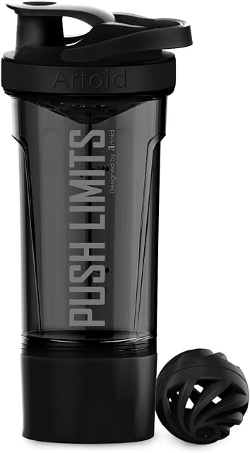 Artoid Mode 720ml Inspirational Sports Fitness Workout Protein Shaker Bottle with Twist and Lock Protein Box Storage, Dual Mixing Technology with Shaker Balls & Mixing Grids - BPA Free