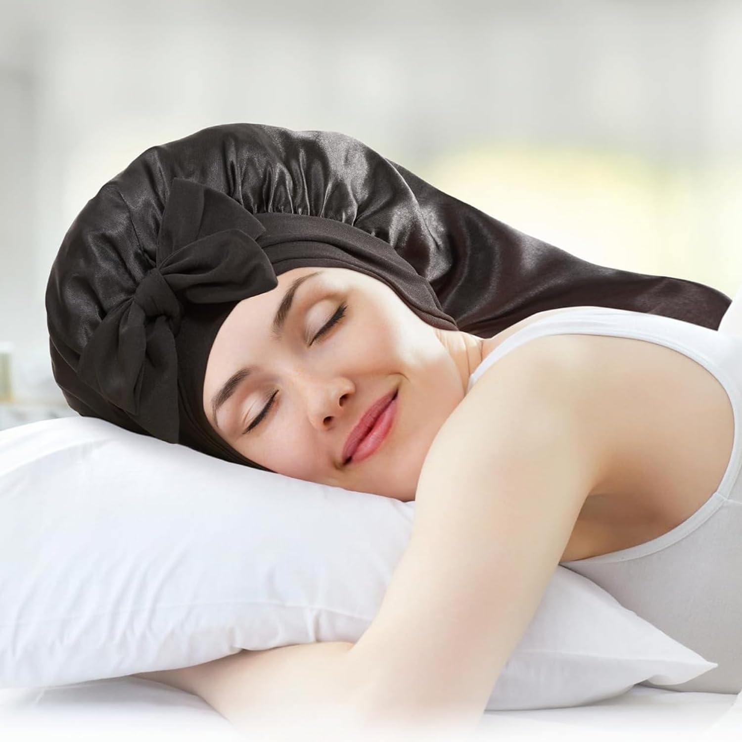 Long Satin Cap,Long Satin Cap,Sleeping Cap with Elastic Belt,Soft Sleep Cap,Long Hair Soft Sleeping Cap (Black) - Image 3