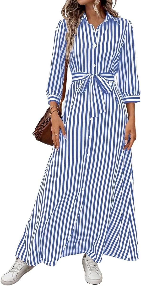 chouyatou Women's Casual 3/4 Sleeve Striped Shirt Dress Button Down Swing Flowy Maxi Beach Dress with Belt