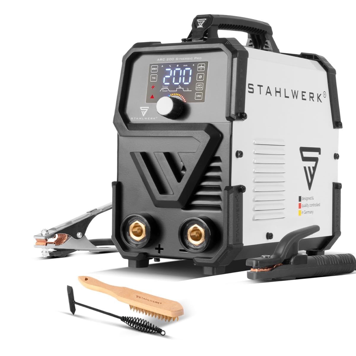 STAHLWERK Poste à souder à l'électrode ARC 200 Synergic Pro Digital – MMA jusqu'à 200 A, soudage sans gaz, Inverter Lift-​TIG, Hotstart, fonction Antistick, Smart Cooling & protection surchauffe