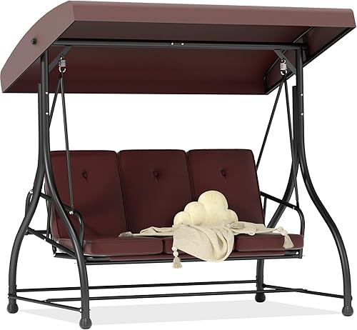 Silla de columpio 3 en 1 con cubierta de toldo ajustable y cojines de repuesto, columpio de patio de 3 asientos con soporte resistente para patio
