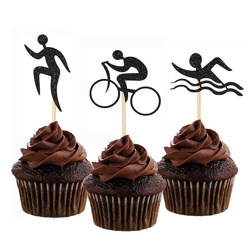 Morndew 24 PCS Black Glitter Triathlon Cupcake Toppers Swimming Running