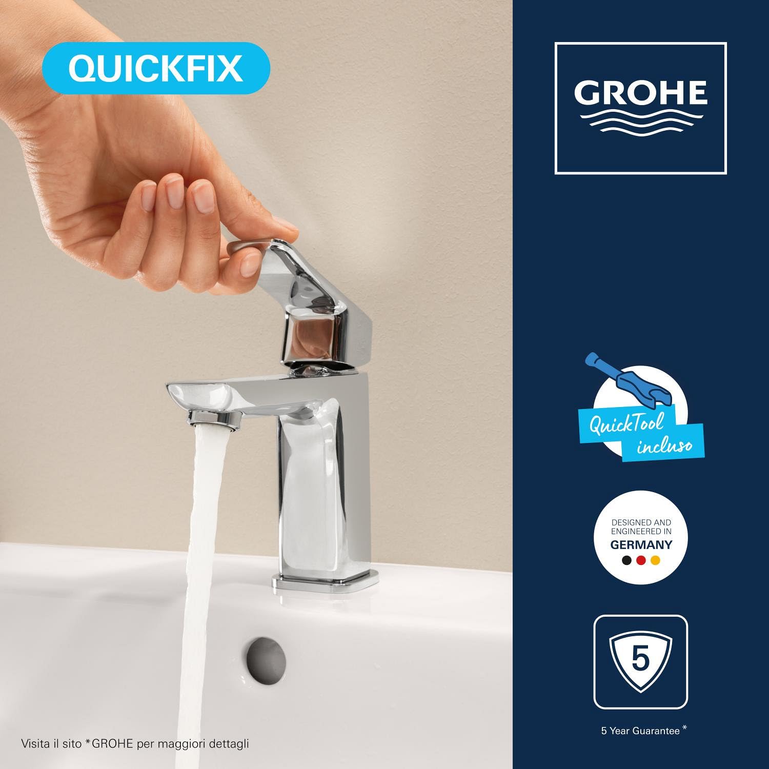 GROHE Dice Rubinetto miscelatore per lavabo con piletta click-clack (S-Size 152 mm, cartuccia ceramica 28 mm, risparmio idrico, facile da installare), cromo, 1018560000