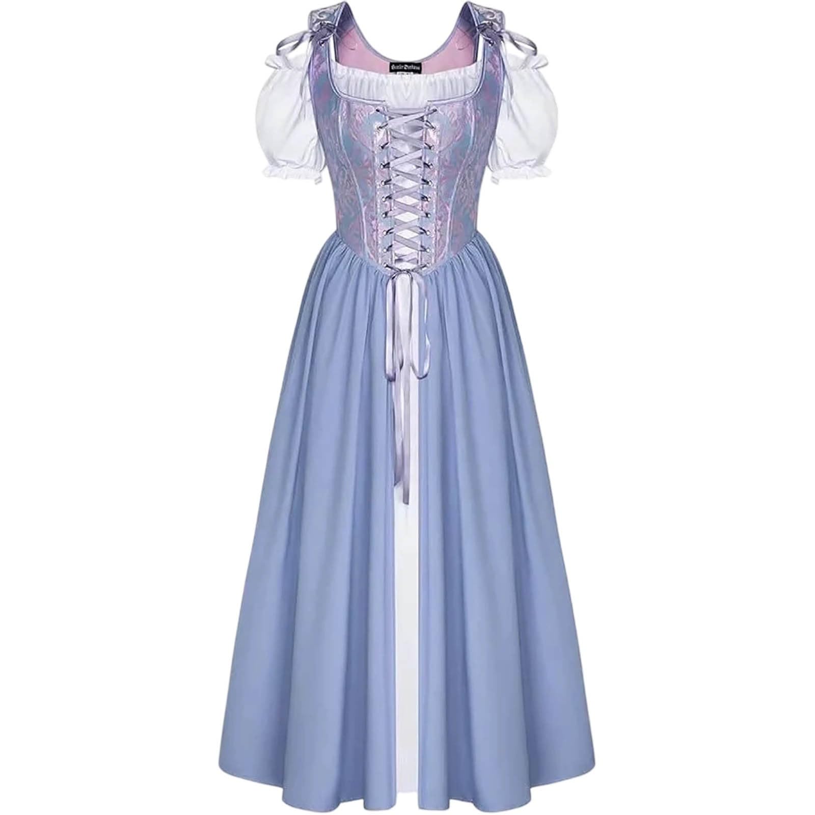 Generisch Women's Medieval Corsage Dress Renaissance Short Sleeve Rockabilly Dress | 2 Pics Set Bags Adjustable Lacing for Ren Fair Fairy Cosplay Witch Outfit Pirate Theme Parties Hobbit Events