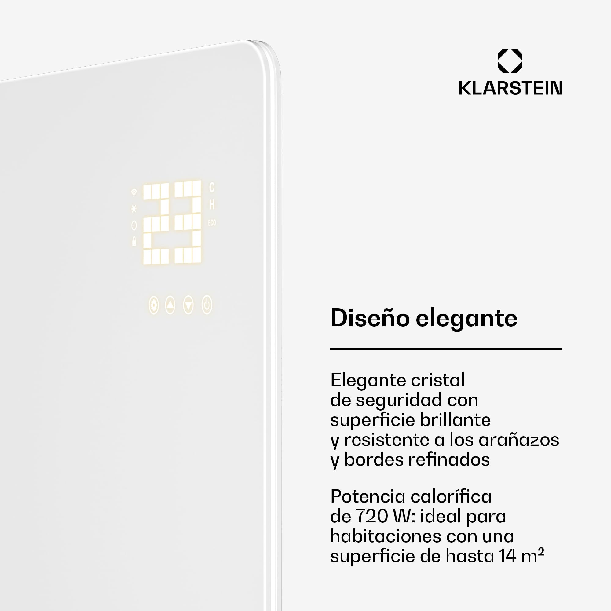 Klarstein Calefactor Infrarrojo, 720W – Panel de Vidrio, Montaje en Pared o Independiente, WiFi/App, Termostato, IP43 Baño, Temporizador, Seguridad Infantil, Calefacción Eficiente, Blanco