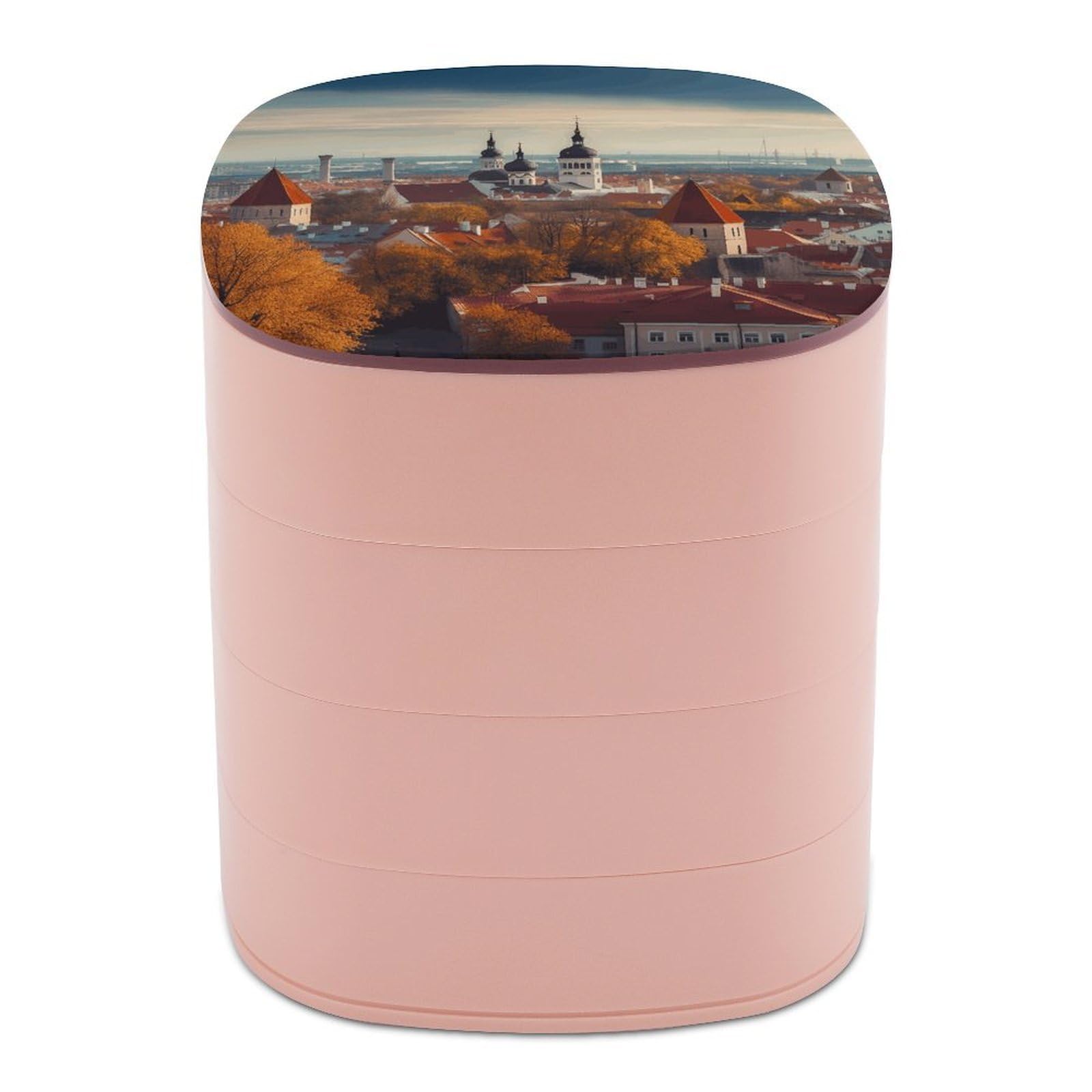 VstaDank Tallinn Estonia Cityscape Jewelry Box with Mirror Travel Small Jewelry Case for Women 4-Layer Rotatable Jewelry Organizer Storage Box Portable Jewelry Storage Case for Rings Earrings