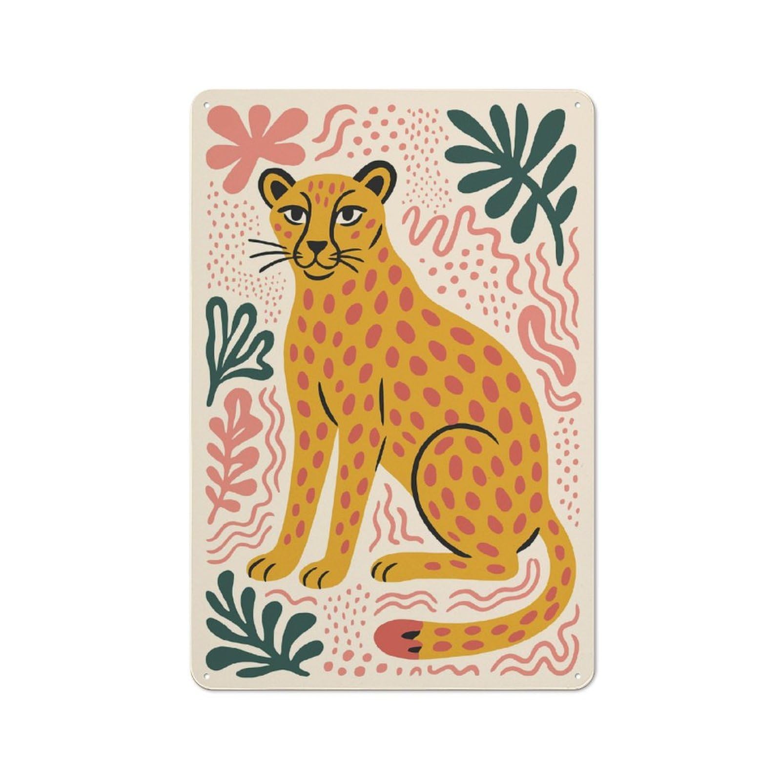 Junmoney Style-2 Cheetah With Abstract Floral Background Decorative Metal Plaque 30X20cm, Loft Style Urban Room Decor For Flat, Bar, Studio Or Gallery Wall