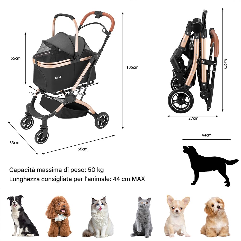 BAKAJI Cochecito para perros y gatos 2 en 1 con capazo extraíble y cierre ahorra espacio, cochecito para mascotas con cápsula transportín extraíble y techo abatible, peso máx. 50 kg (negro)