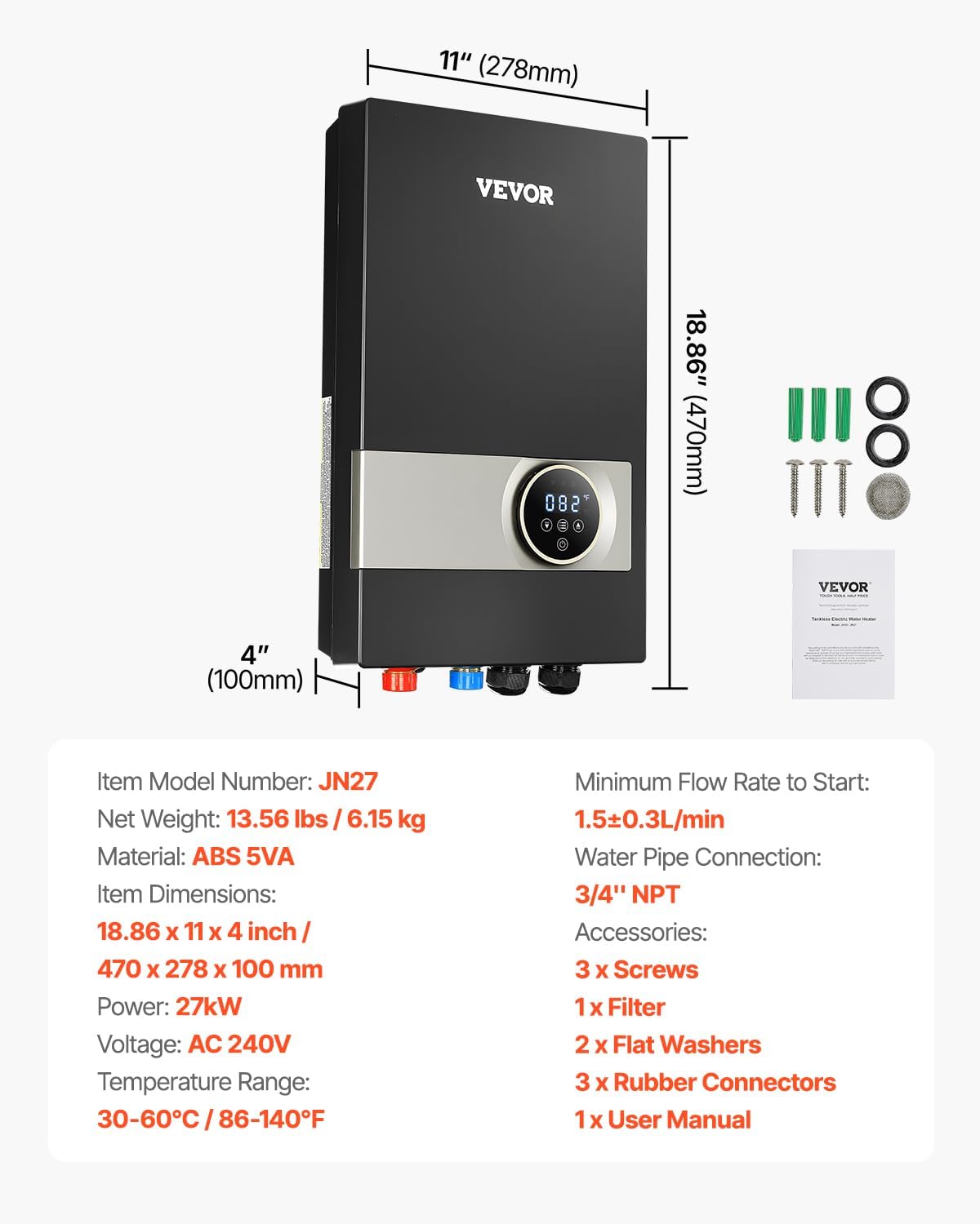 VEVOR Tankless Electric Water Heater, 27kW Instant Hot Water Heater Under Sink, On Demand for Bathroom, Kitchen, Office with LCD Touch Screen, Child Security Lock,Space-Saving, 240V Black