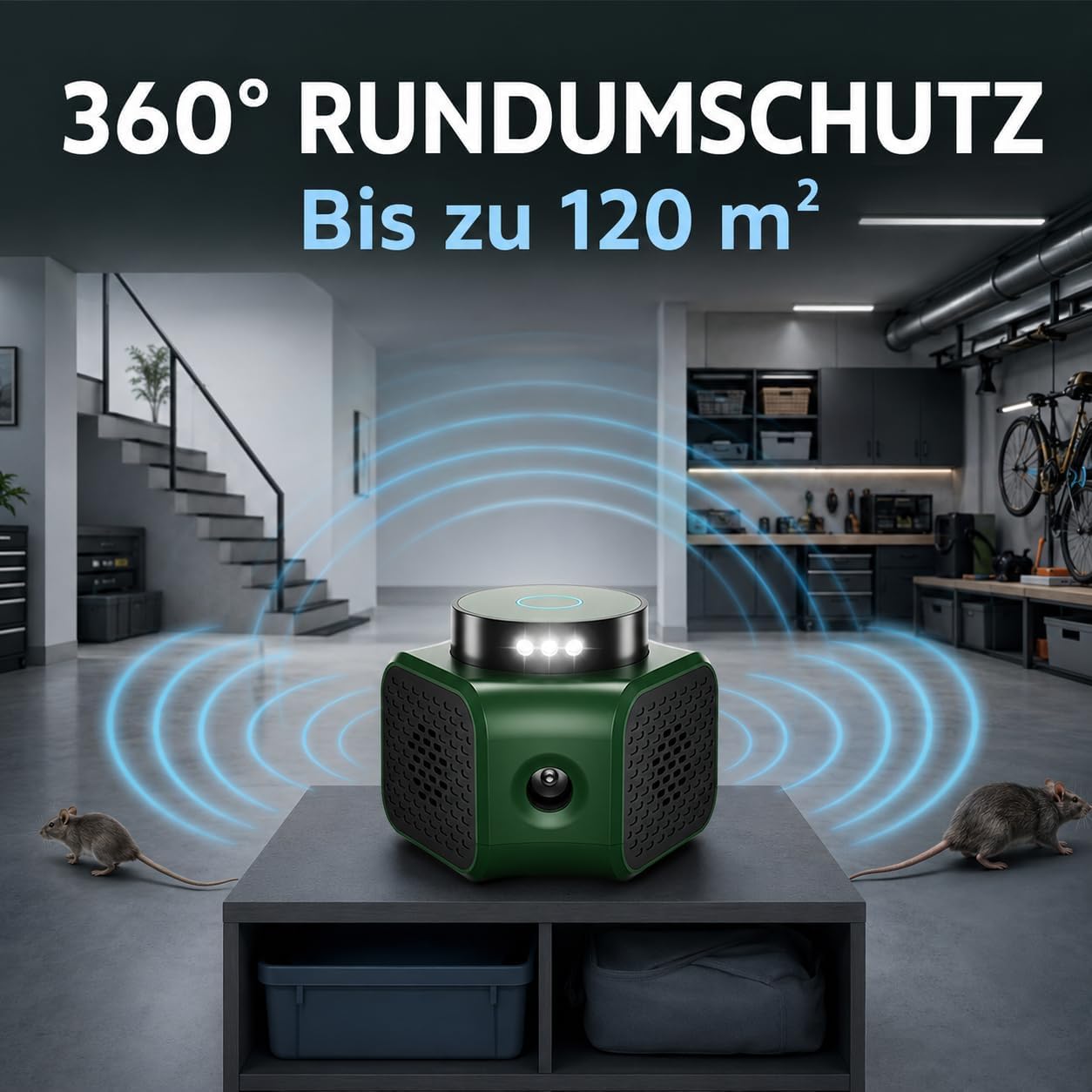 MEKEET Dissuasore a ultrasuoni per topi con luce stroboscopica a LED, protezione a 360° contro i topi per roditori, scoiattoli, topi, ragni