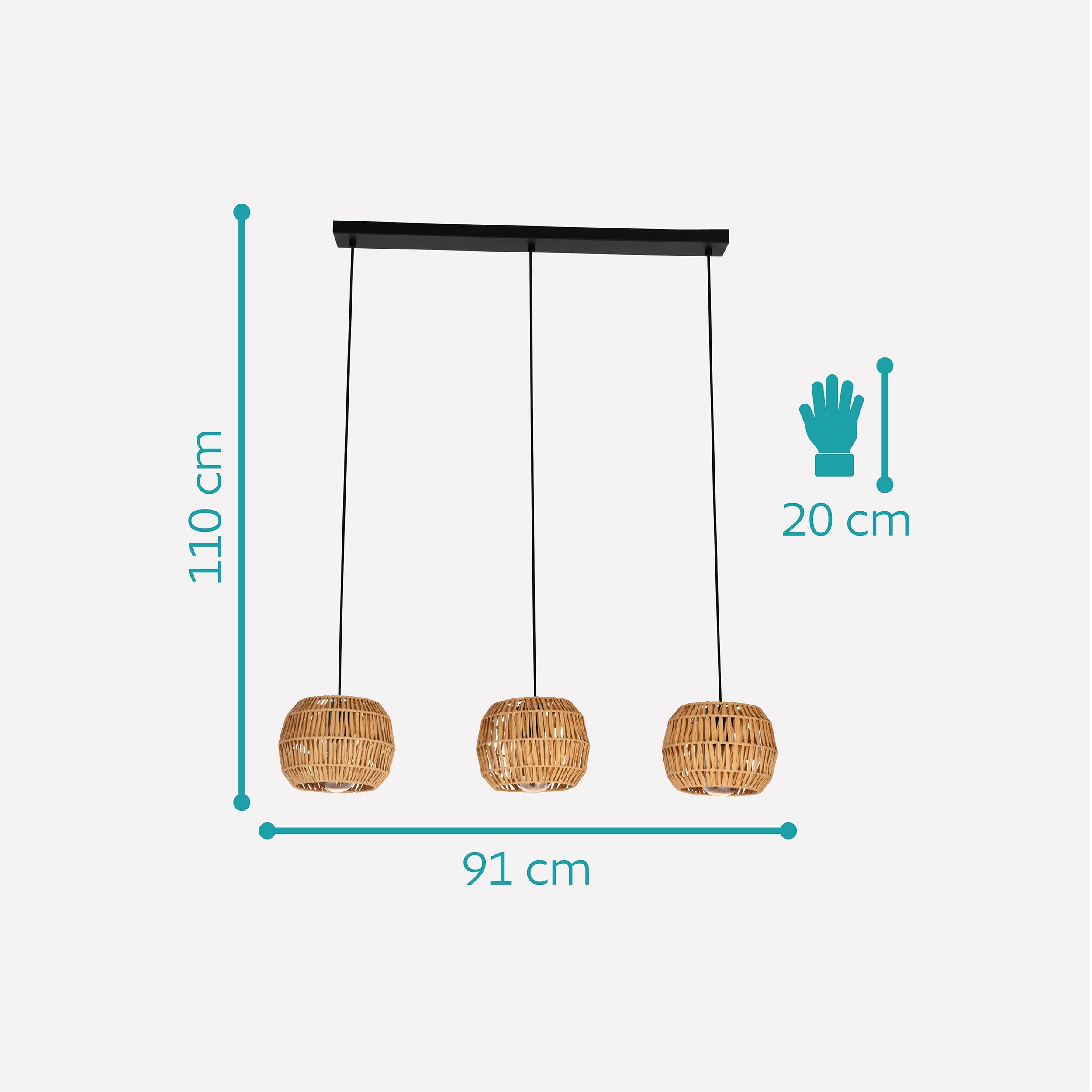 Eglo Suspension luminaire Sheldon, plafonnier suspendu pour salle à manger | à 3 lampes, lustre bohème, abat-jour en raphia papier, douille E27, 91 cm