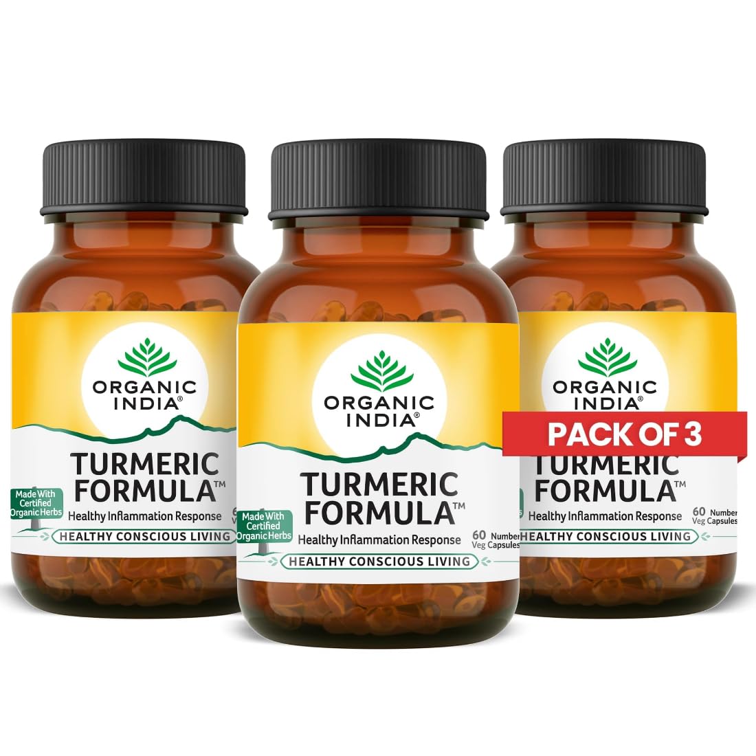 Turmeric 60 Veg Capsules | Strong anti-inflammatory | Enhances Skin, Bone, and Joint Health - (Pack of 3)