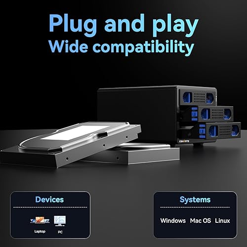 Miniatura 8 de Caja de disco duro de 3 bahías con ventilador de refrigeración para HDDSSD SATA de 2.5"3.5" con USB AC 3.0, compatible con 60 TB, intercambio en