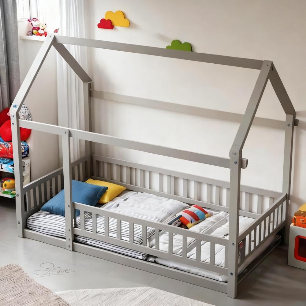 Twin Size House Bed with Roof Design & Fence,Platform Solid Wood Easy Assemble Bed Frame for Boys Girls Bedroom,Gray