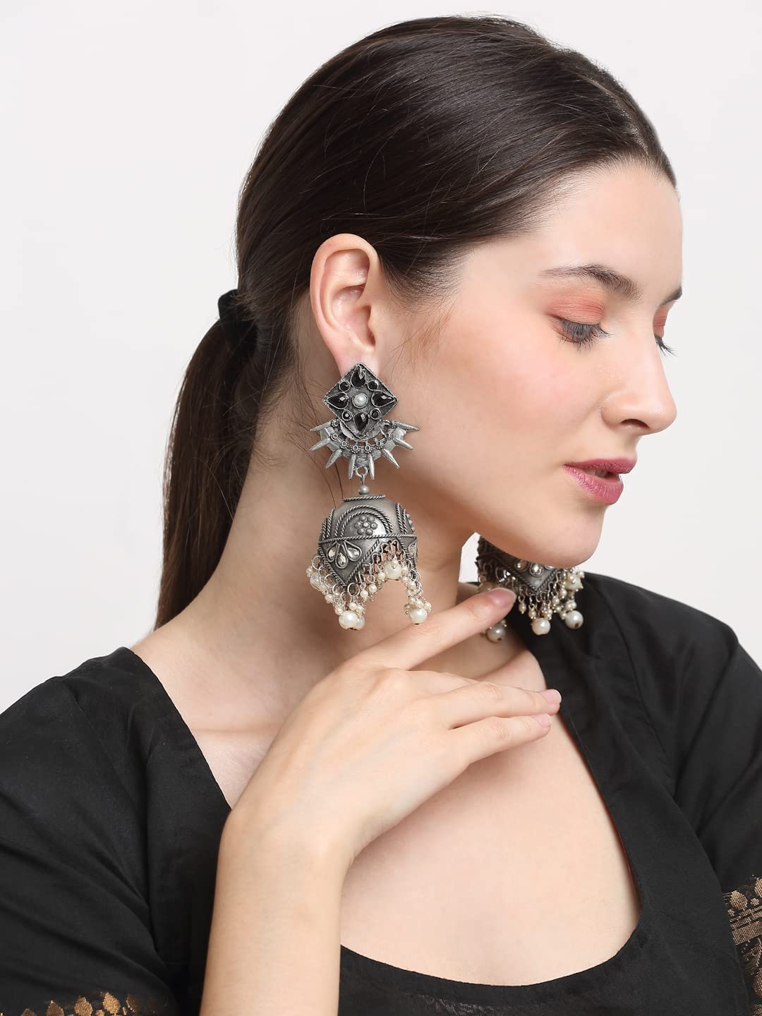 Celebrity Style Oxidised Silver Jhumki Earrings