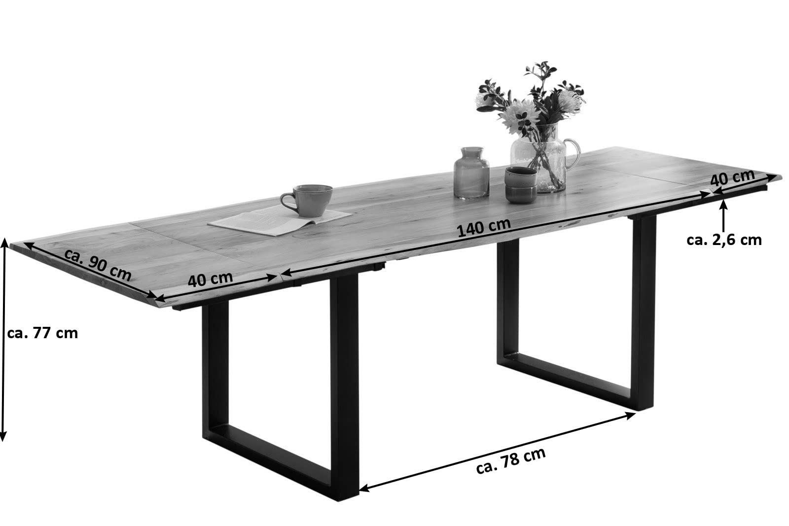 SAM Esstisch Adina 140(220) x90 cm Akazie Natur Baumkante U schwarz