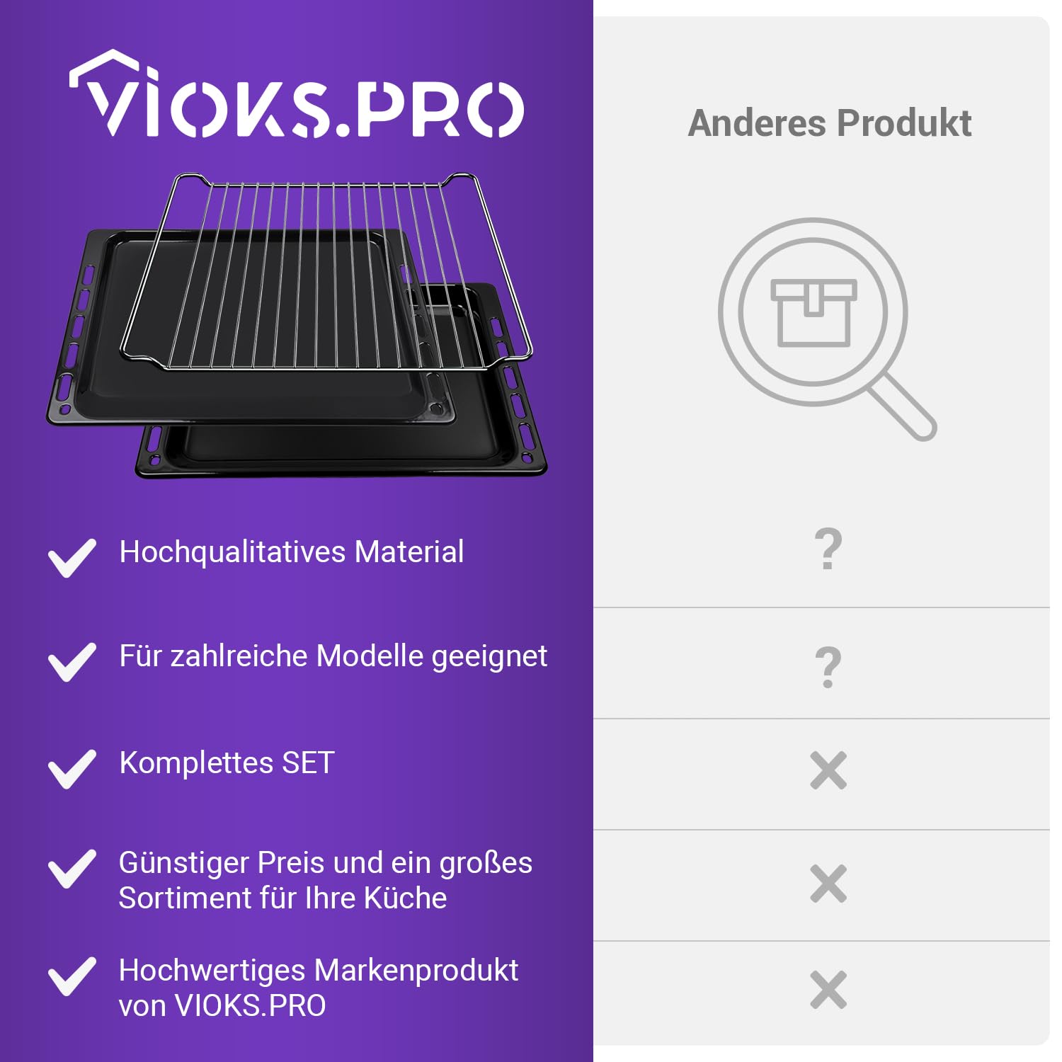 Viоks.pro 2x Backblech 445 x 375 + Rost Ersatz für Whirlpоol 481010683241 | Tiefes Blech, 44,5 x 37,5 x 3,3, Gitterrost Grill, für Ofen