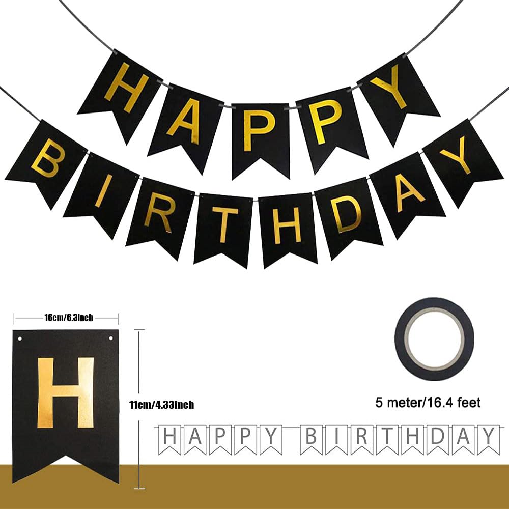 Happy Birthday Banner & Ballon-Set – Schwarz-gold, Inkl. 12 Latexballons, Wimpelkette