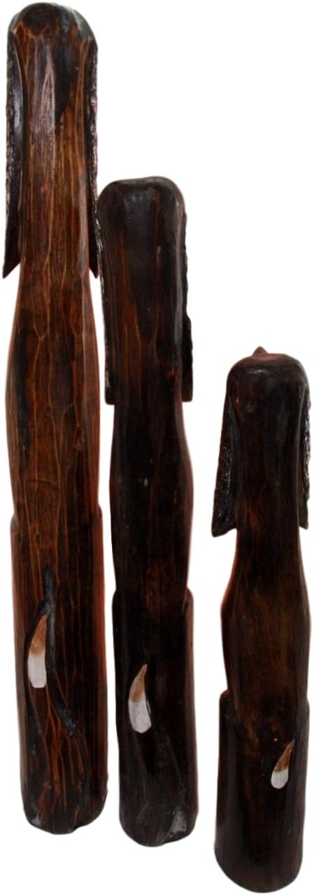 Balikraft Hand Made Wood Artisans "Anjing Perak" Large Silvered Ears Canine Hound Dog Family Set of 3 Decorative Figurines 38.5"H
