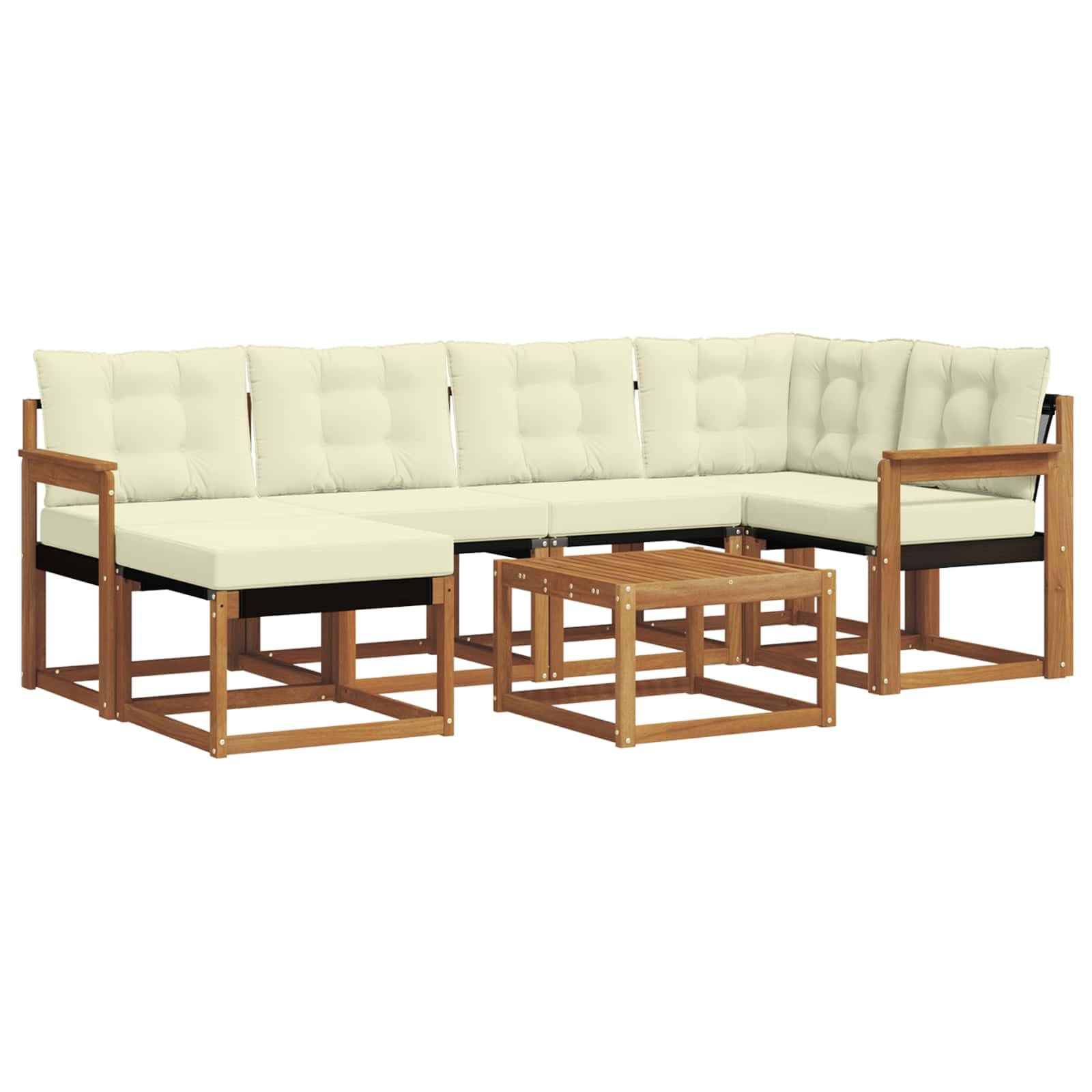 Canapé modulable extérieur bois acacia avec table basse et coussins crème de jardin