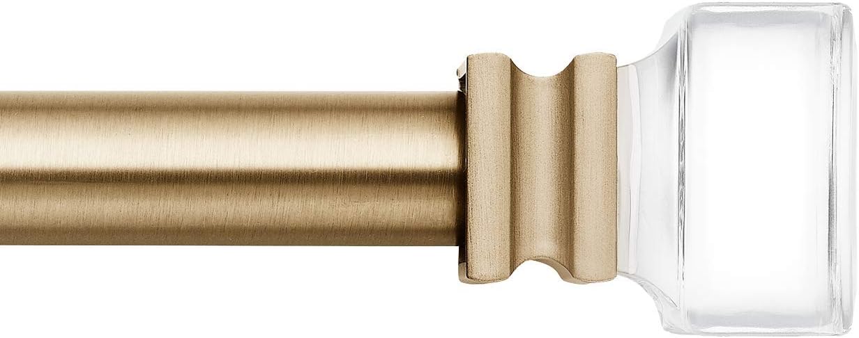 MODE Premium Collection 1 1/8" Diameter Curtain Rod Set with Clear Square Curtain Rod Finials and Steel Wall Mounted Adjustable Curtain Rod, Fits 72” to 144” Windows, Warm Gold