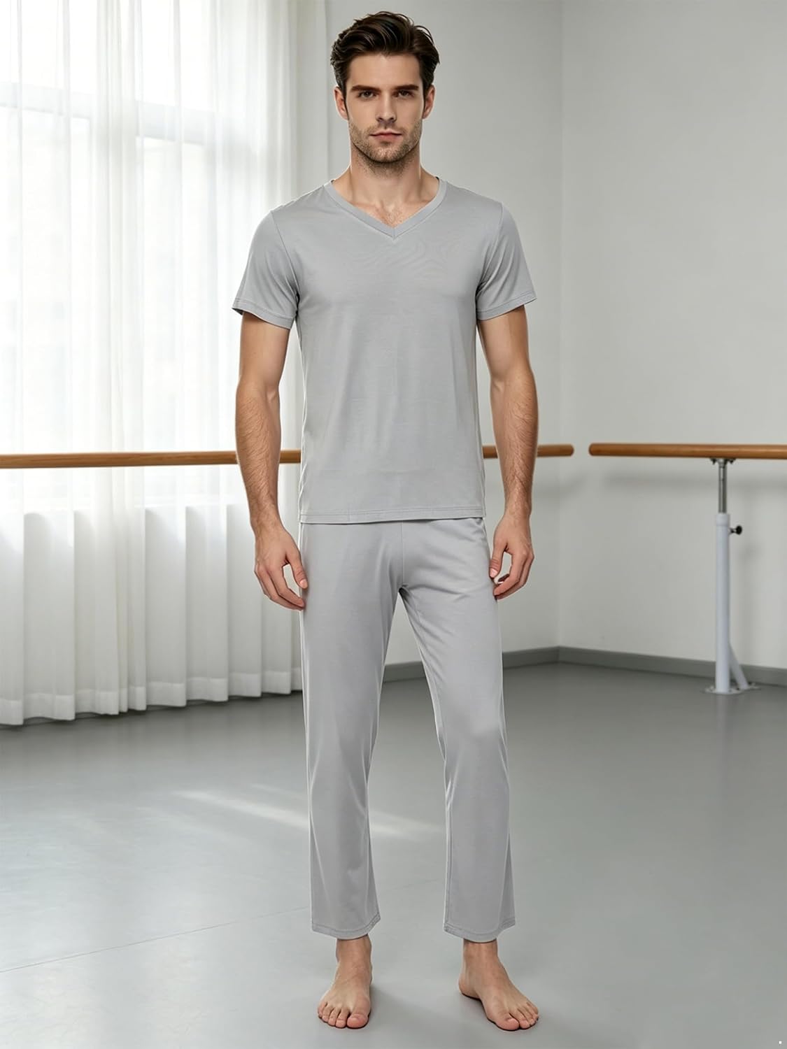 Loyan Men Dance Practice Suit Round-Neck Top + Loose Pants Training Performance Wear for Yoga Jazz
