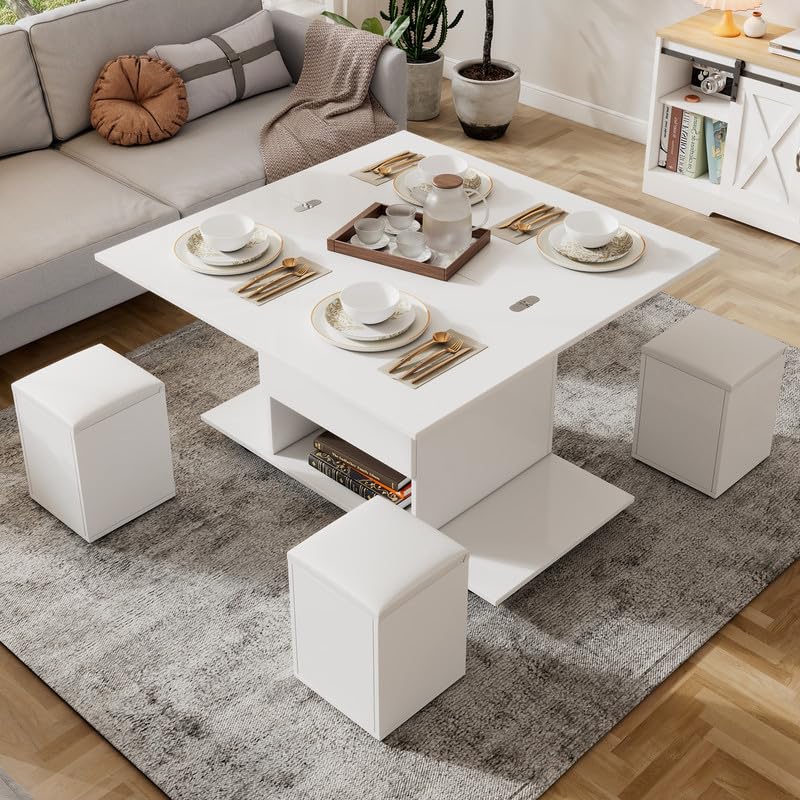 Table basse multifonctionnelle relevable blanche de salon 100x100x63.5cm
