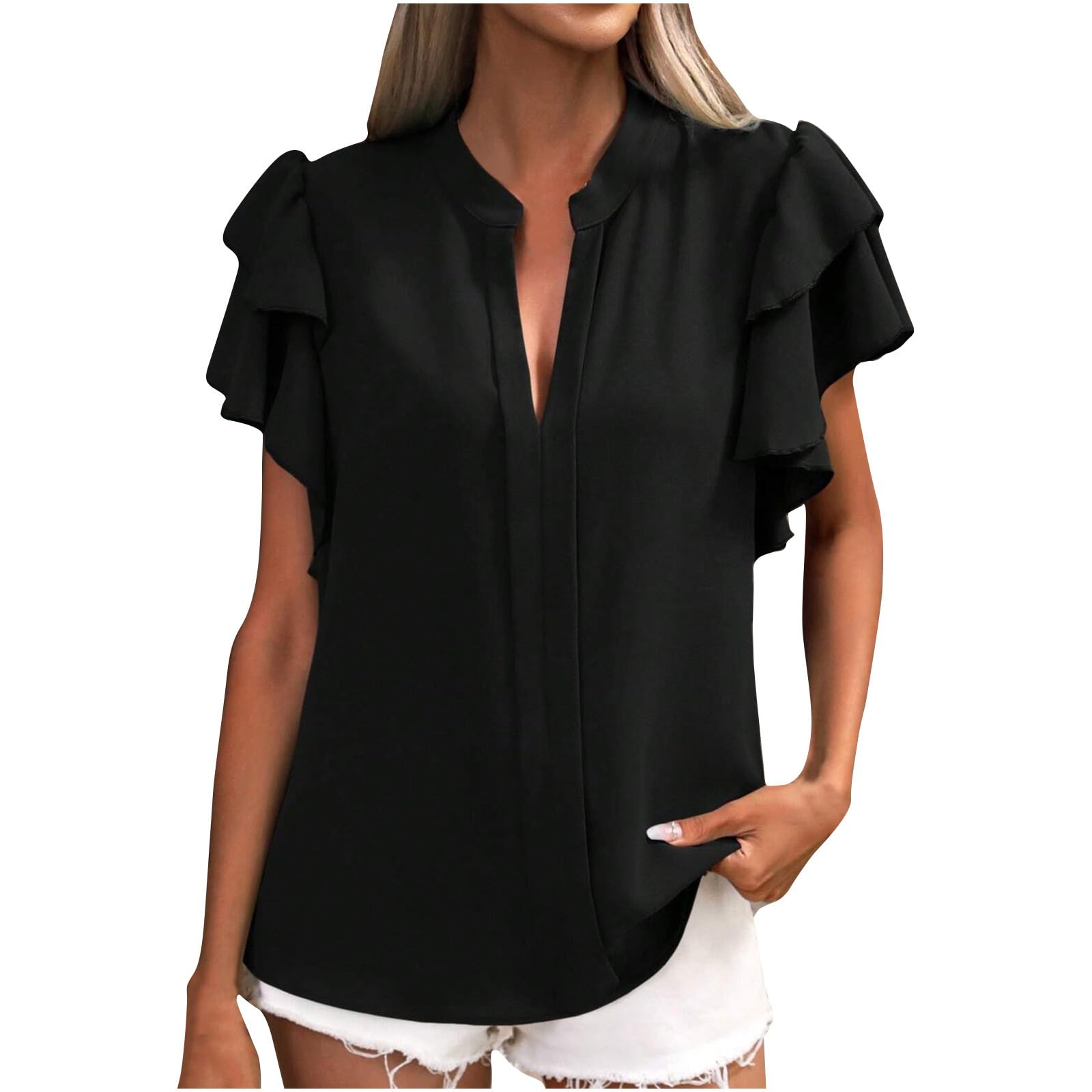 NUSGEAR 2024 Camiseta de Manga Corta Mujer Moda Color sólido Slim Fit Volante Cuello en V Elegant Camisa Tumblr Tops Casual Fiesta T-Shirt Original Primavera Verano Basic tee Jersey