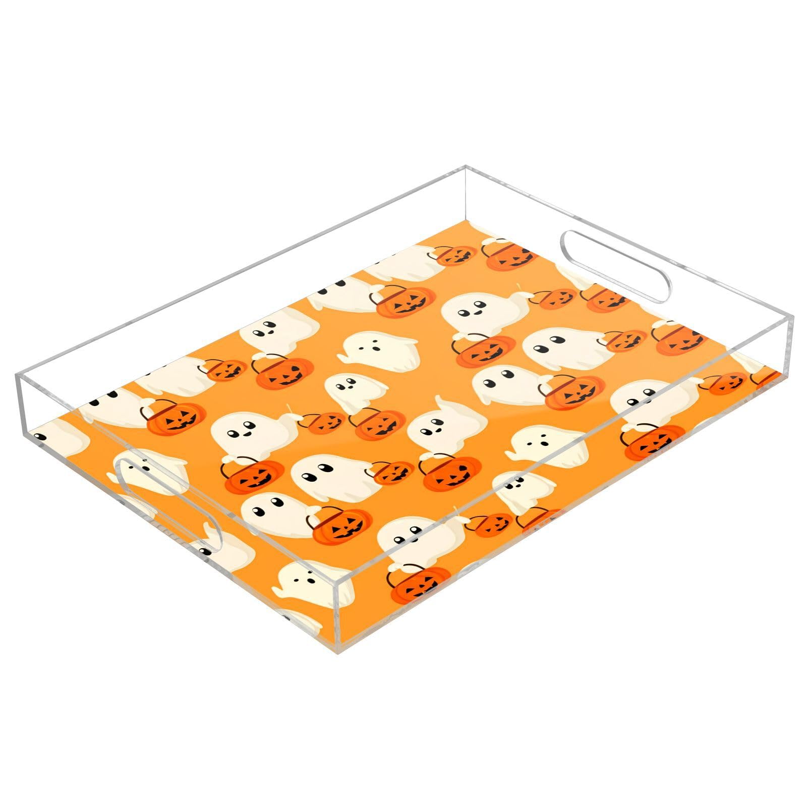 BOESI Cute Ghosts & Halloween Pumpkins Acrylic Decorative Dining Tray, Acrylic Decorative Tray Organizer with Handle for Kitchen, Dining Room, Bathroom, Dresser
