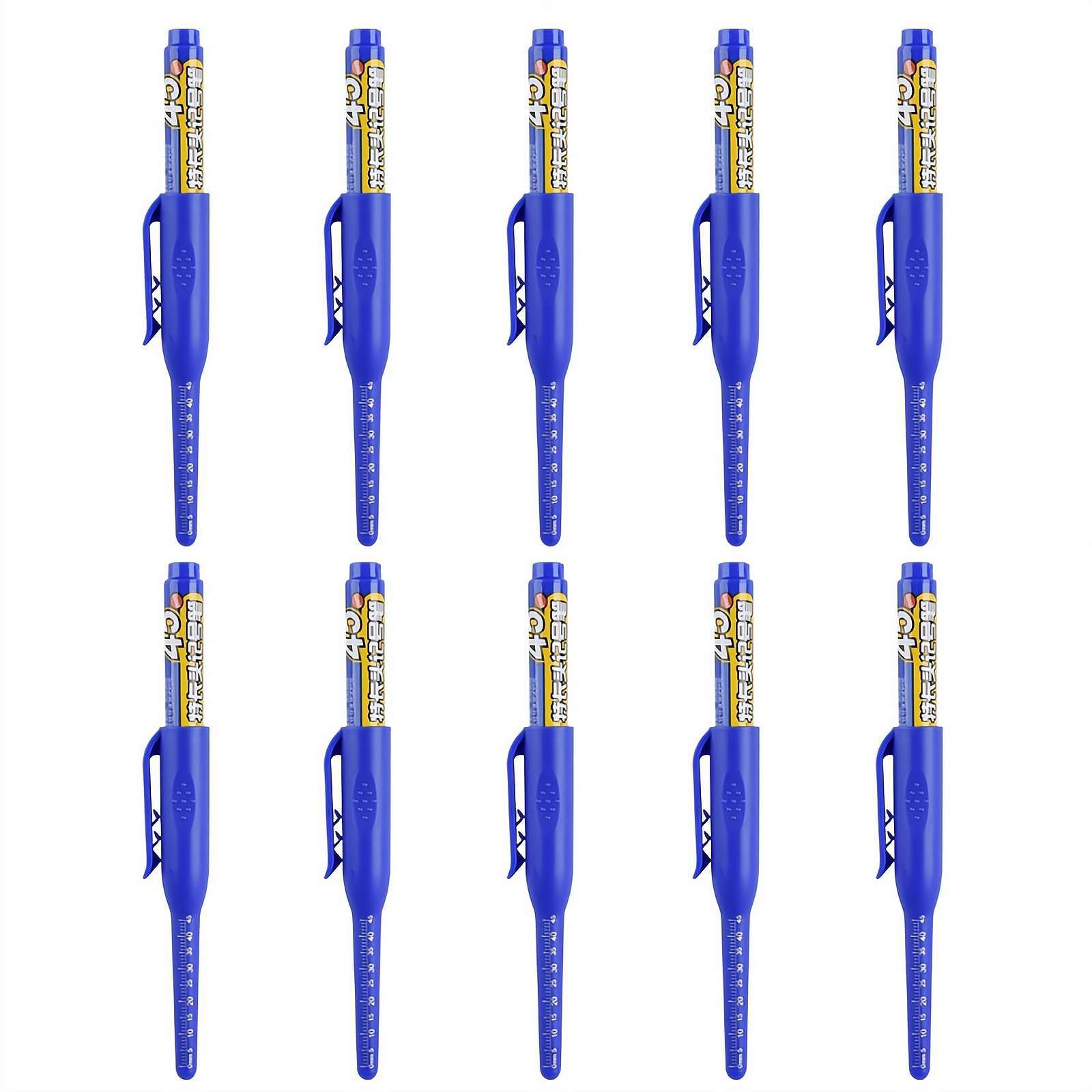 10Pcs Blue Long Nib Deep Hole Marker Pen 45mm Tip, Refillable Long-lasting Oil-based Permanent Markers, Waterproof Carpenter Pen for Measuring,Marking,Construction,Drywall,Woodworking & Plumbing