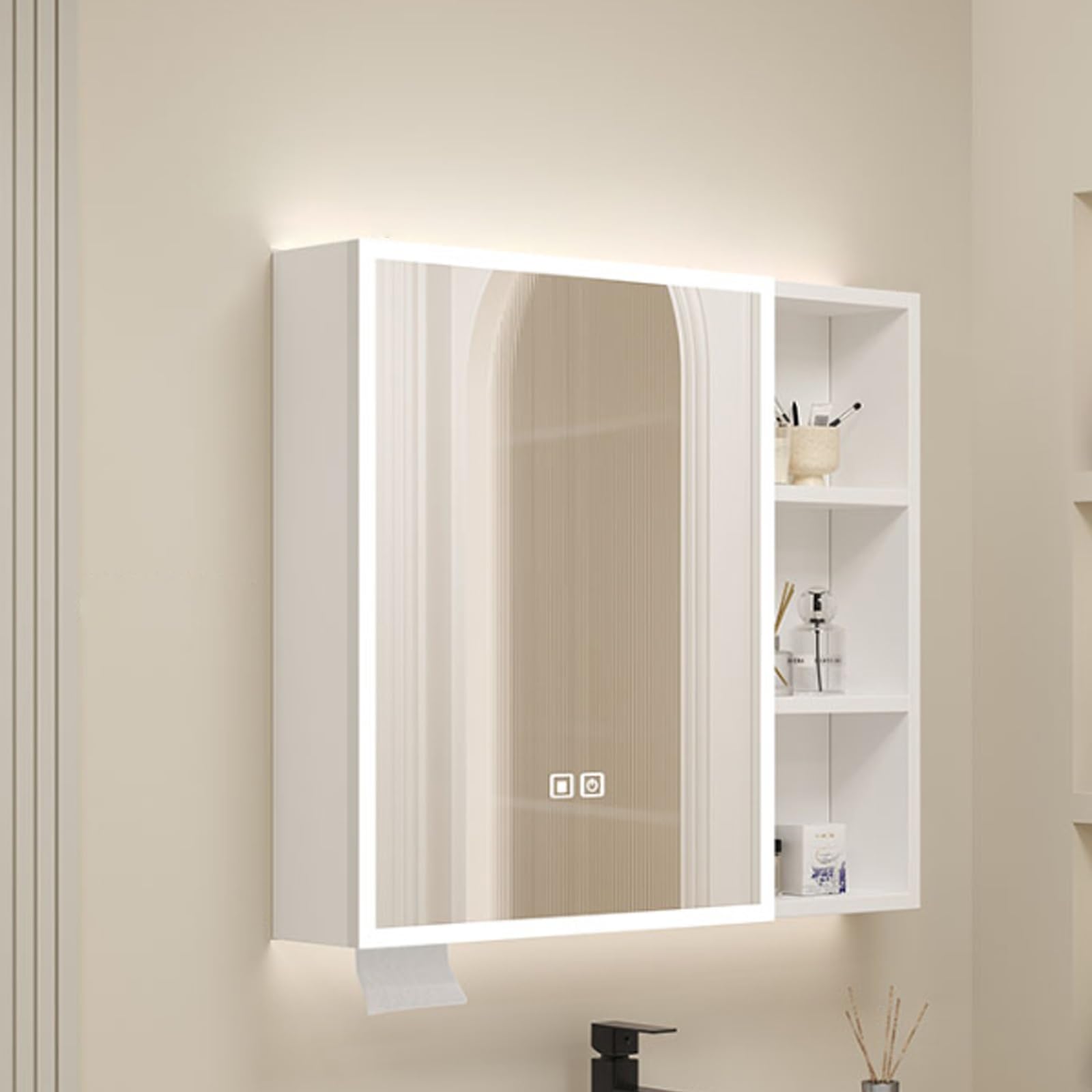FGXHHS Smart LED Medicine Cabinet with Anti-Fog Mirror, 360° Lighted Vanity Mirror & Makeup nizer, Aluminum Wall Storage Paper Holder, White (60x13x68cm)